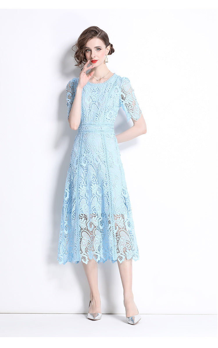 Original design temperament short sleeved skirt slim fit waist cinching heavy industry water-soluble lace dress for women