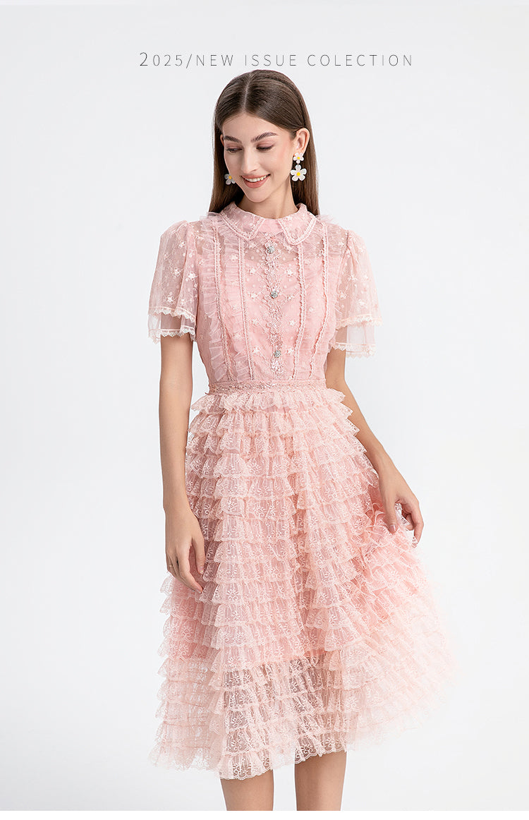 Original design short sleeved French sweet lace lace cake skirt with nail and diamond waist cinching temperament dress