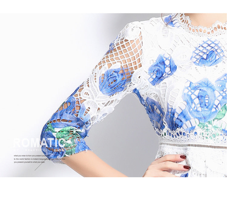 Original design mid long sleeved fashionable slimming hollow out water-soluble lace positioning mid length dress