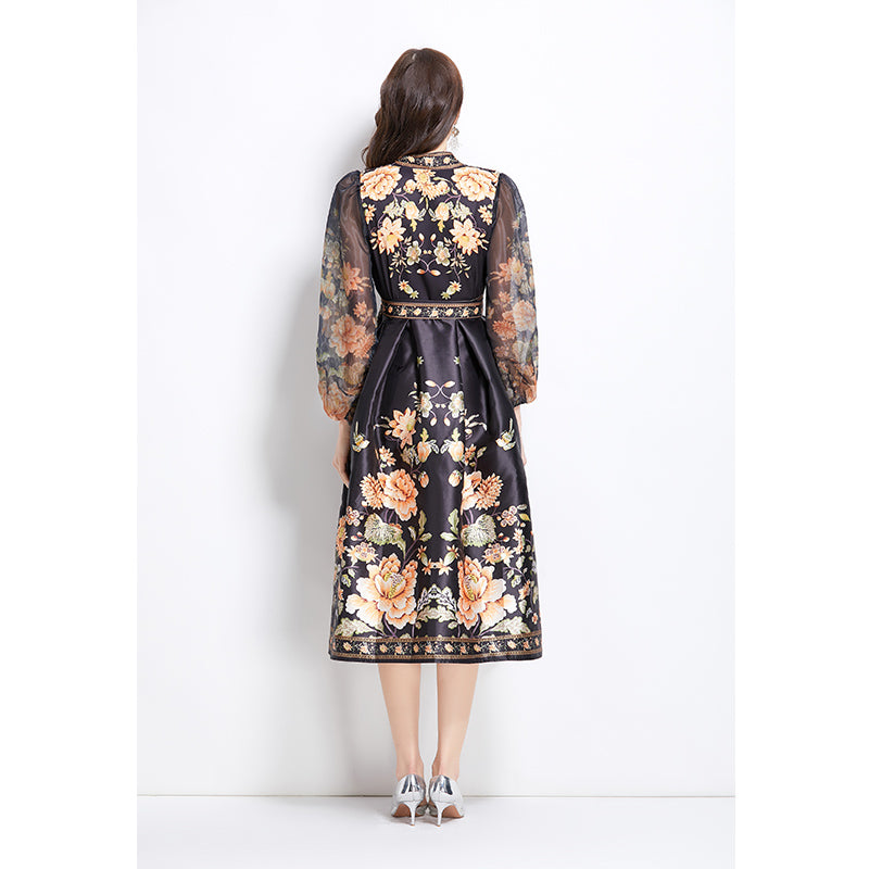Original design for spring and summer V-neck ethnic style printed satin wrapped long length dress