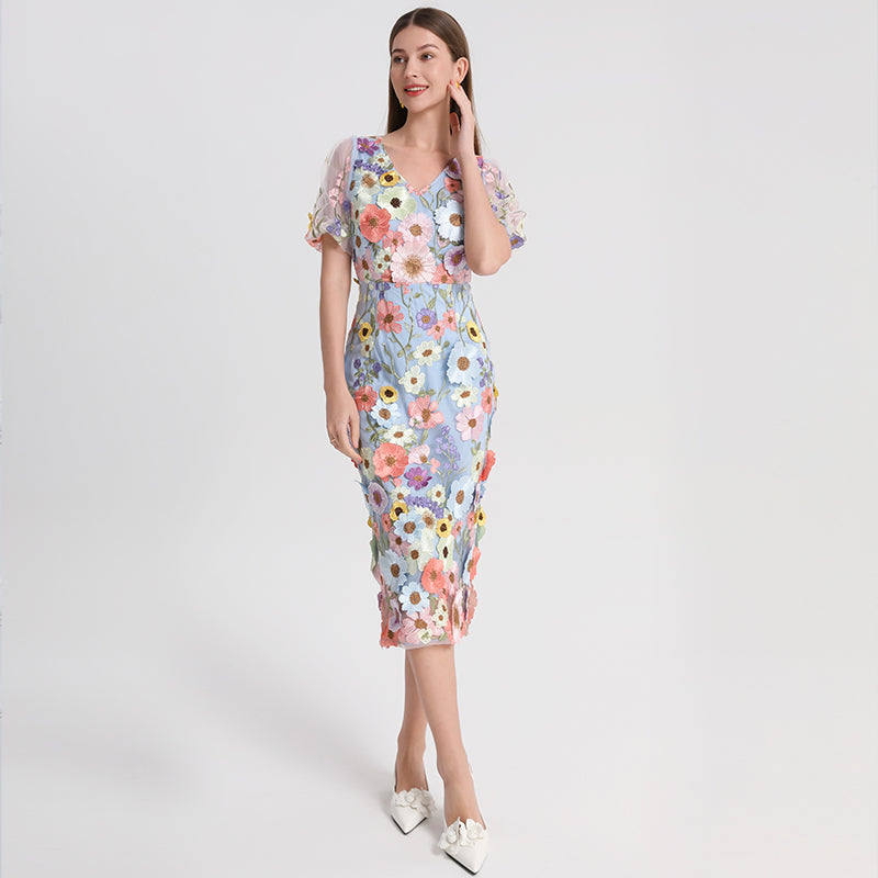 Art embroidery boutique color hand-ordered vintage V-neck slit wrap hip dress