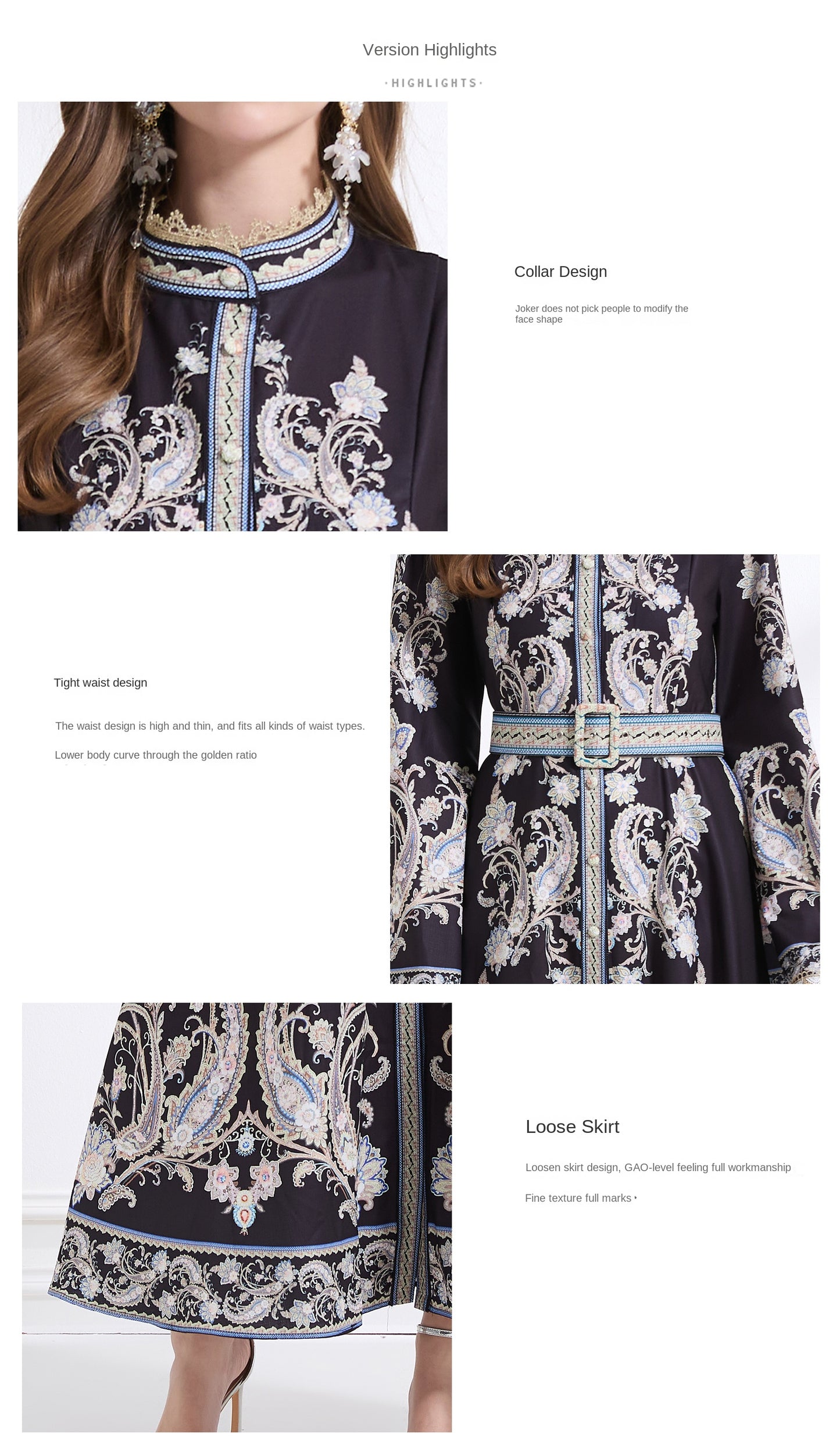 Original design - a court-style retro stand-up collar lace print tunic with a large hem waist