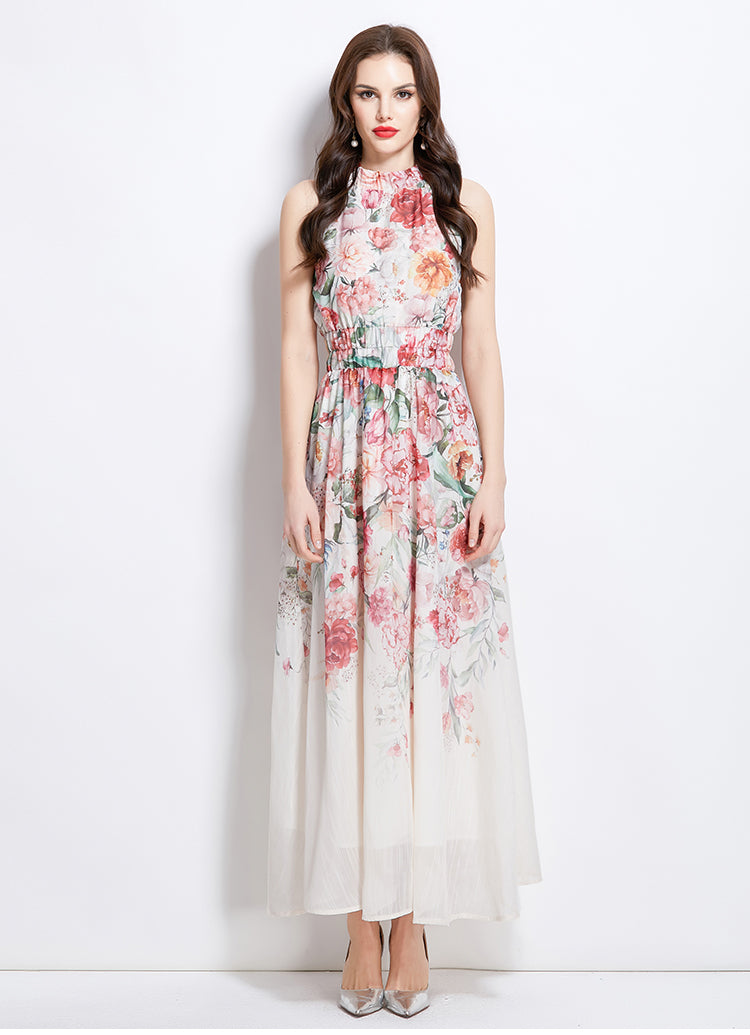 Original Design Spring/Summer Vacation New Oil Painting Flower Printed Hanging Neck Long Dress