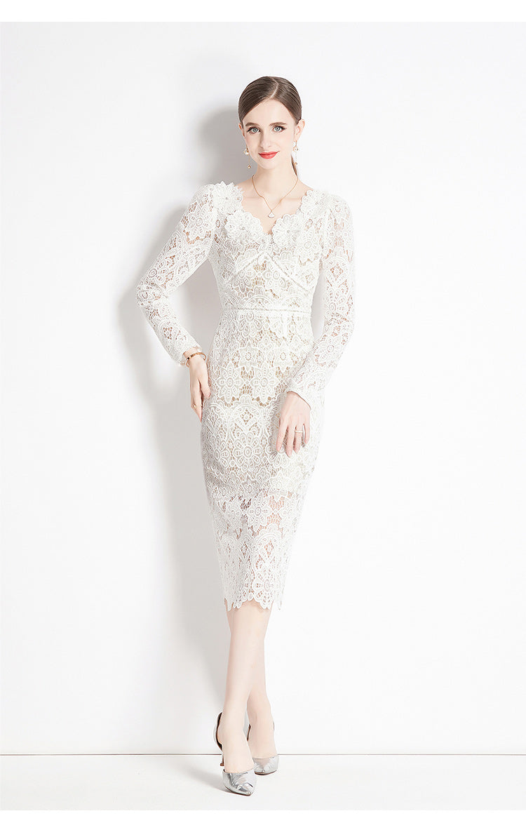 Original design for spring and summer water-soluble lace V-neck slim fit mid length dress for women