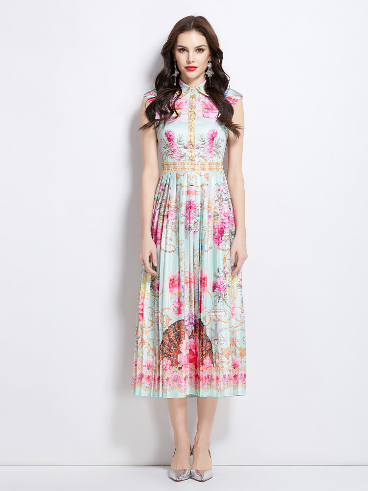 Original design for spring and summer palace pattern sleeveless mid length dress