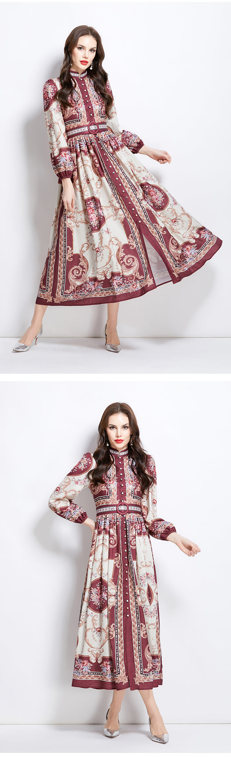 Original design: Spring/summer new court-style pattern stand-up collar long dress