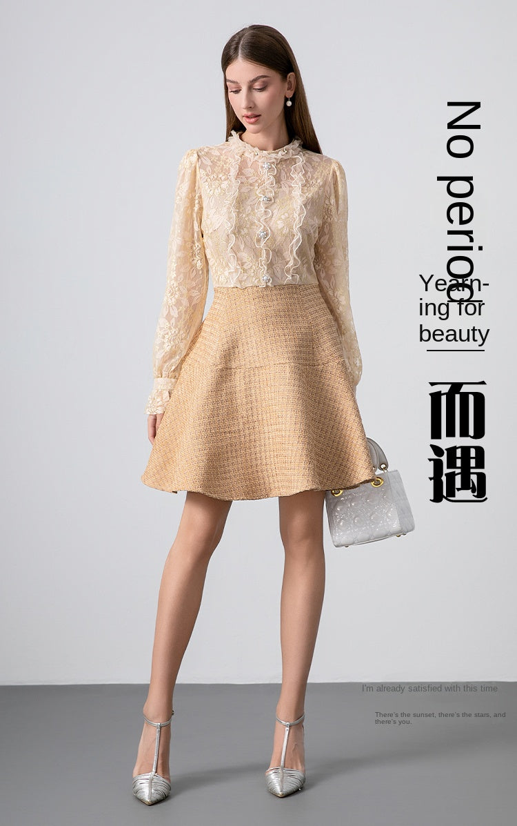 Original design - spring and summer real shot art boutique lace stitching tweed temperament fake 2 pieces of small fragrance beaded dress