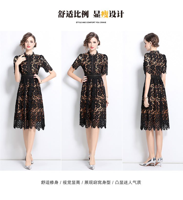 Original design short sleeved slimming hollow out water-soluble lace positioning mid length dress