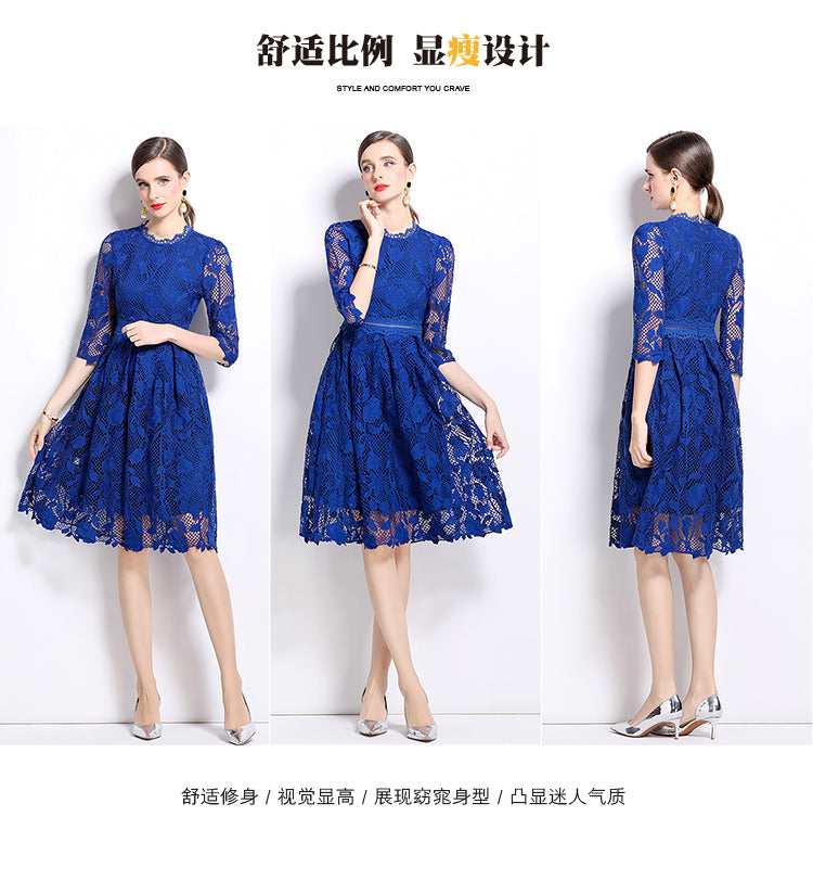 Original design mid long sleeved fashionable slimming hollow out water-soluble lace positioning mid length dress