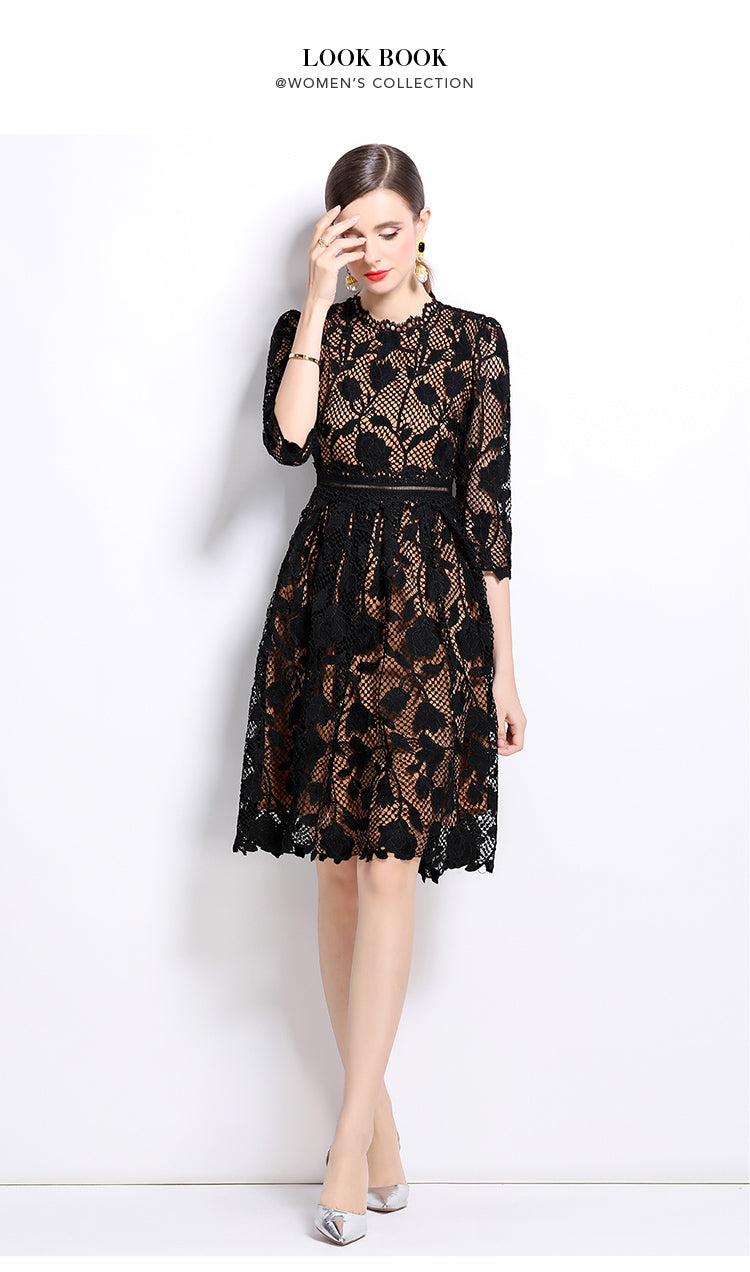 Original design mid long sleeved fashionable slimming hollow out water-soluble lace positioning mid length dress