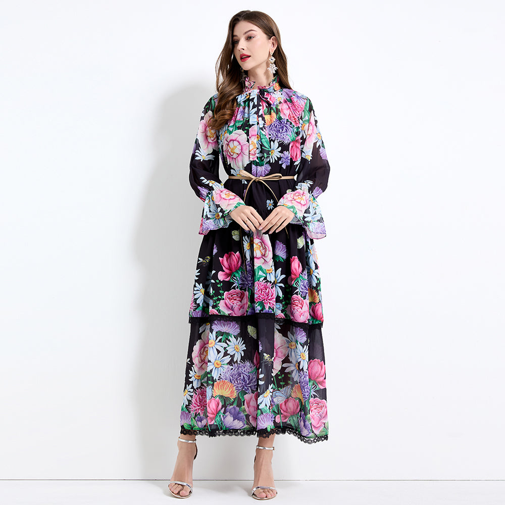 Original design - spring and summer fake lace cake skirt floral print waist ruffle skirt
