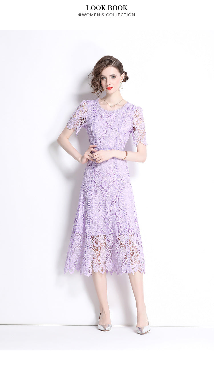Original design temperament short sleeved skirt slim fit waist cinching heavy industry water-soluble lace dress for women
