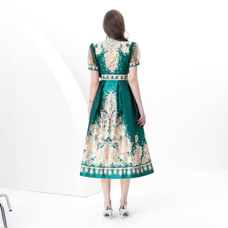 original design Spring/summer wrap tie style V-neck balloon sleeve long vintage print dress