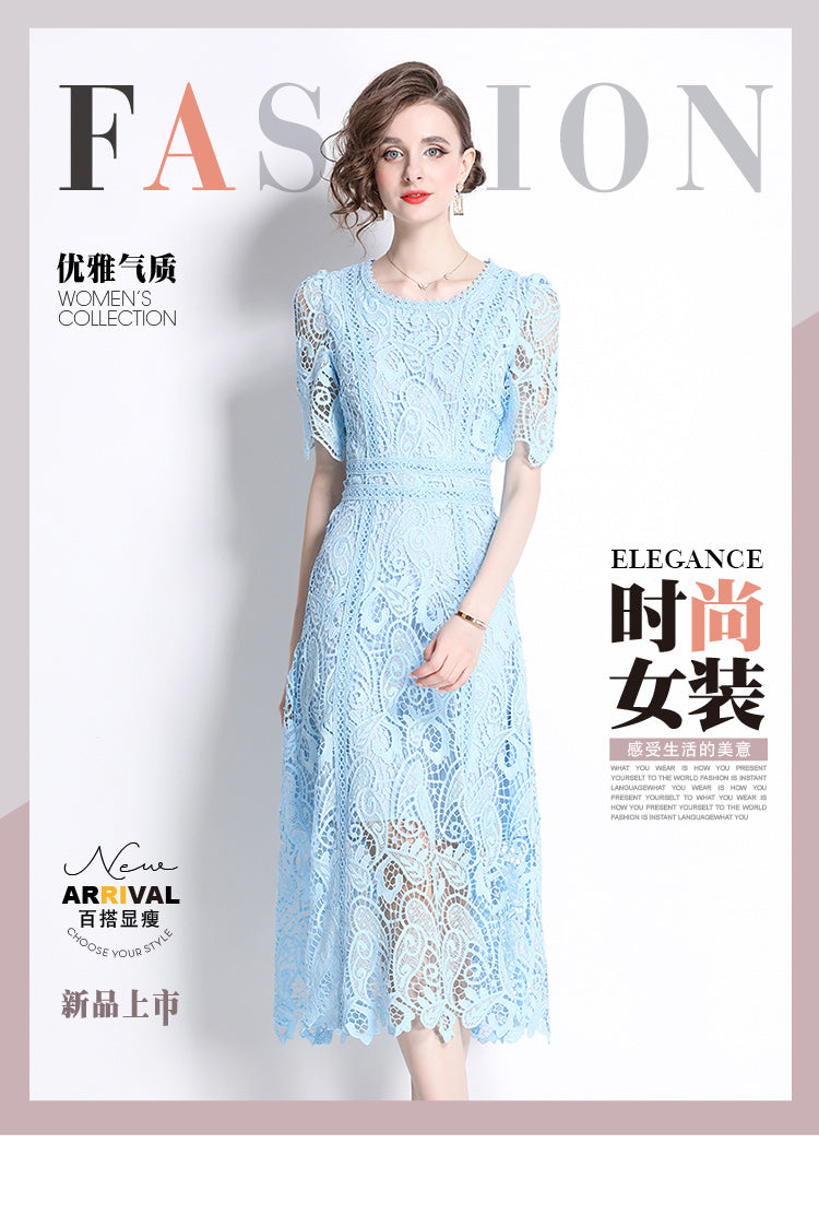 Original design temperament short sleeved skirt slim fit waist cinching heavy industry water-soluble lace dress for women