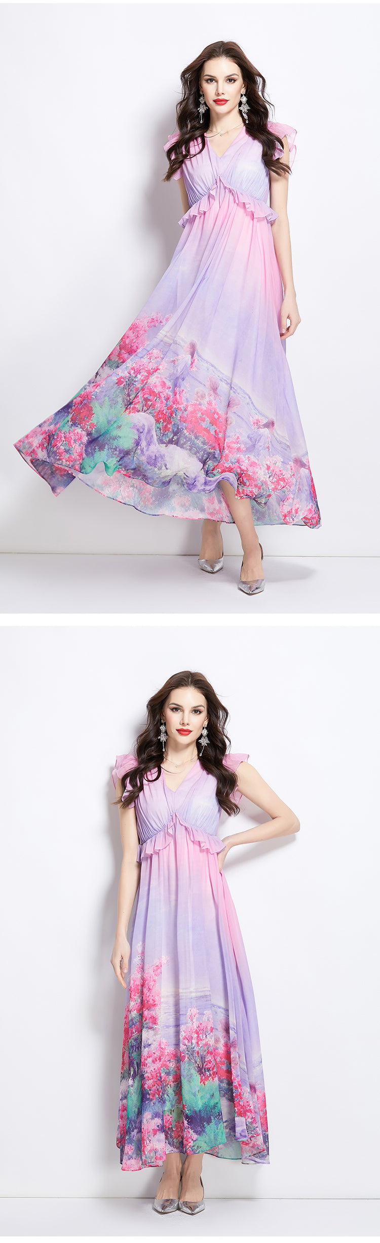 Original Design Spring/Summer Retro Flower Little Fly Sleeve Long Dress