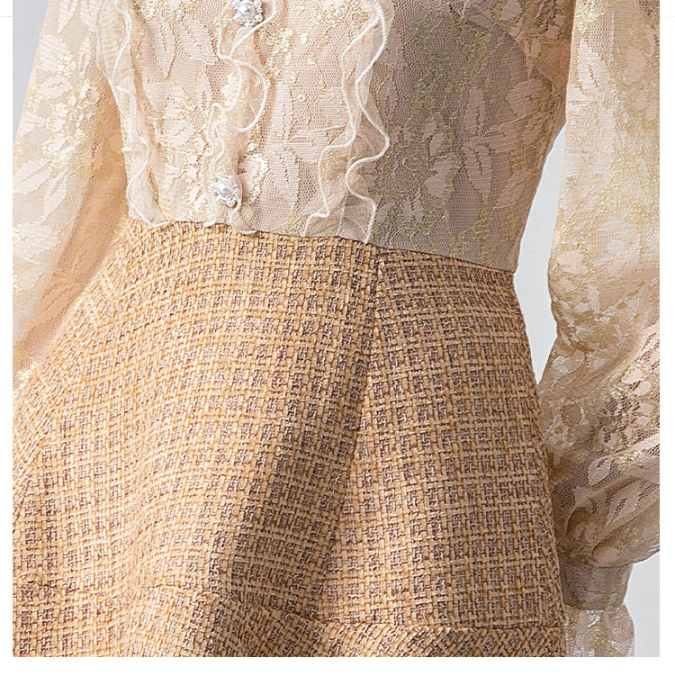 Original Design Heavy Industry Boutique Lace Splicing Coarse tweed Temperament Fake Two Small Fragrant Nail Bead Dresses