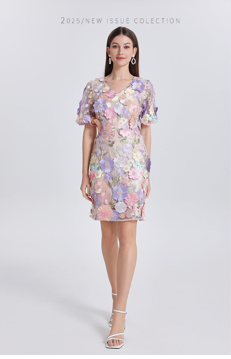 Original Design Heavy Industry Embroidery Boutique Handmade Color Customized Flower V-neck Bubble Sleeve Wrap Hip Dress