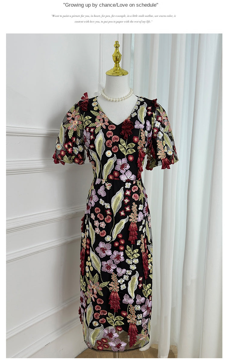 Original Design Handmade Three Dimensional Wheat Sprout Embroidered French Style Dress