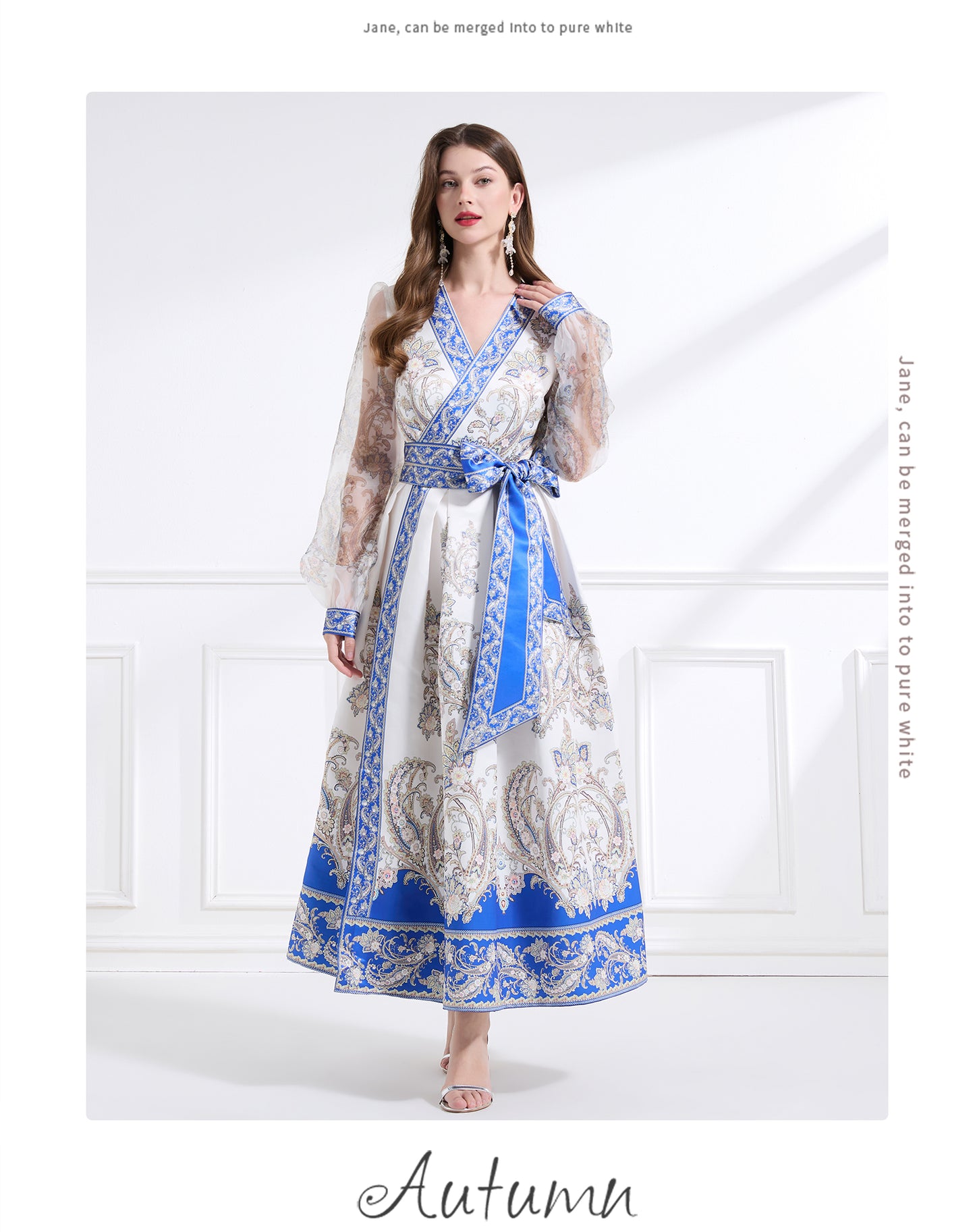Original design - spring and summer resort style lace patchwork print waist maxi skirt ruffle dress