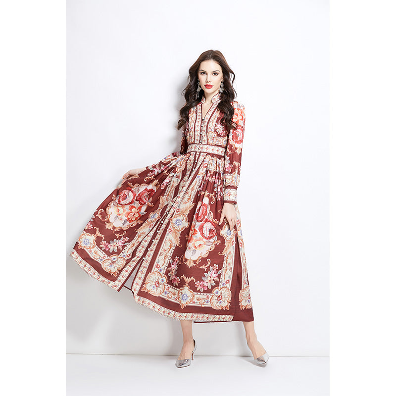 Original Design Spring/Summer Classical Palace Style Printed Flower Bouquet Waist Single breasted Long Dress