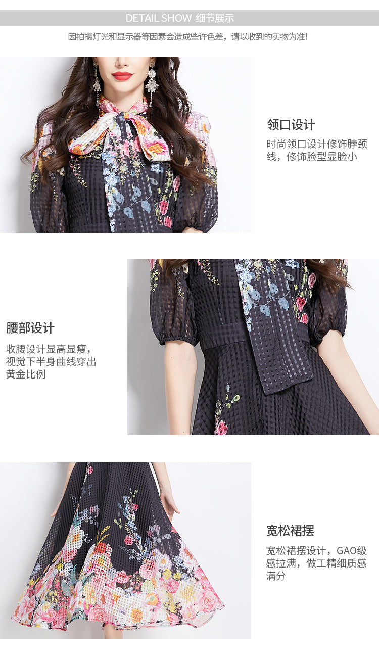 Original Design Spring/Summer Vacation New Oil Painting Flower Bubble Sleeve Medium length Dress