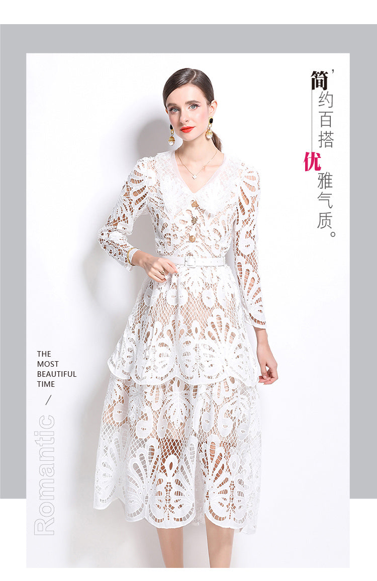 Original Design: Spring and Summer High End Water soluble Embroidered Medium length Skirt with V-neck and Waist cinching to Look Thin Dress