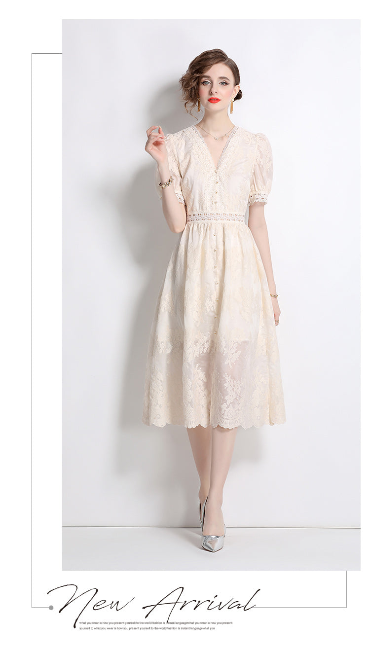 Original Design: Spring/Summer Embroidered V-neck Dress with Lace and Lace Charm Slimming Skirt
