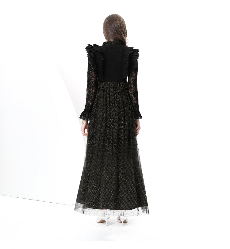 Original design: Spring, Summer, Autumn, resort style, embroidered lace, V-neck, long sleeves, lace and mesh maxi dress