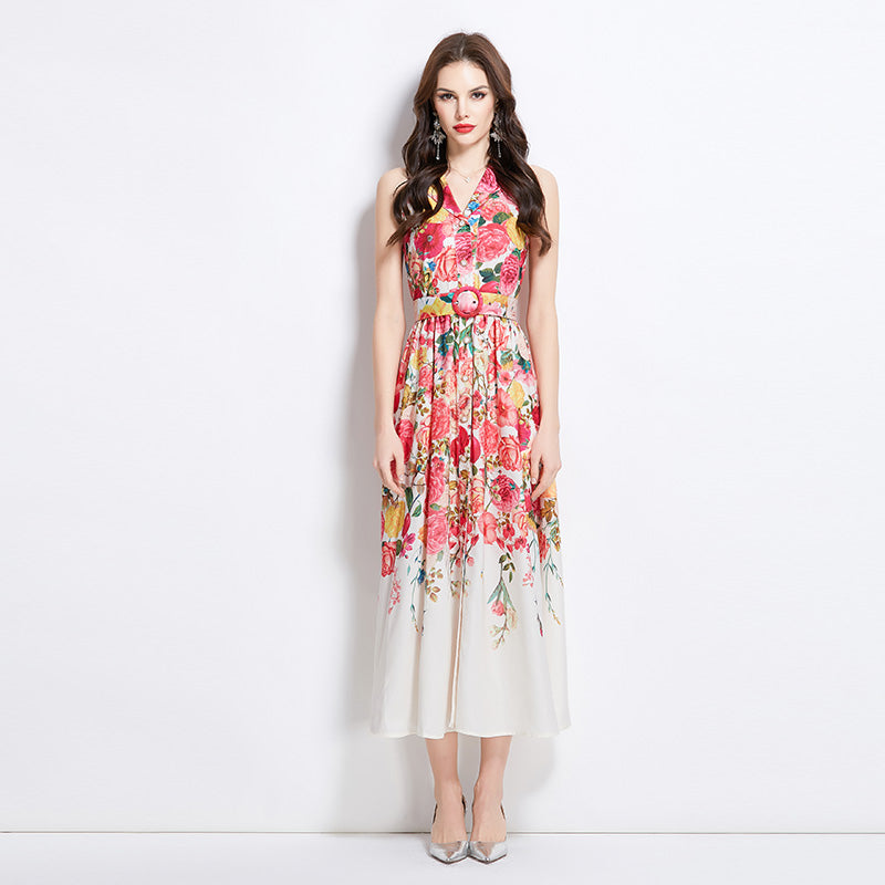 Original design for spring and summer vacation, new floral oil painting style shirt style long dress