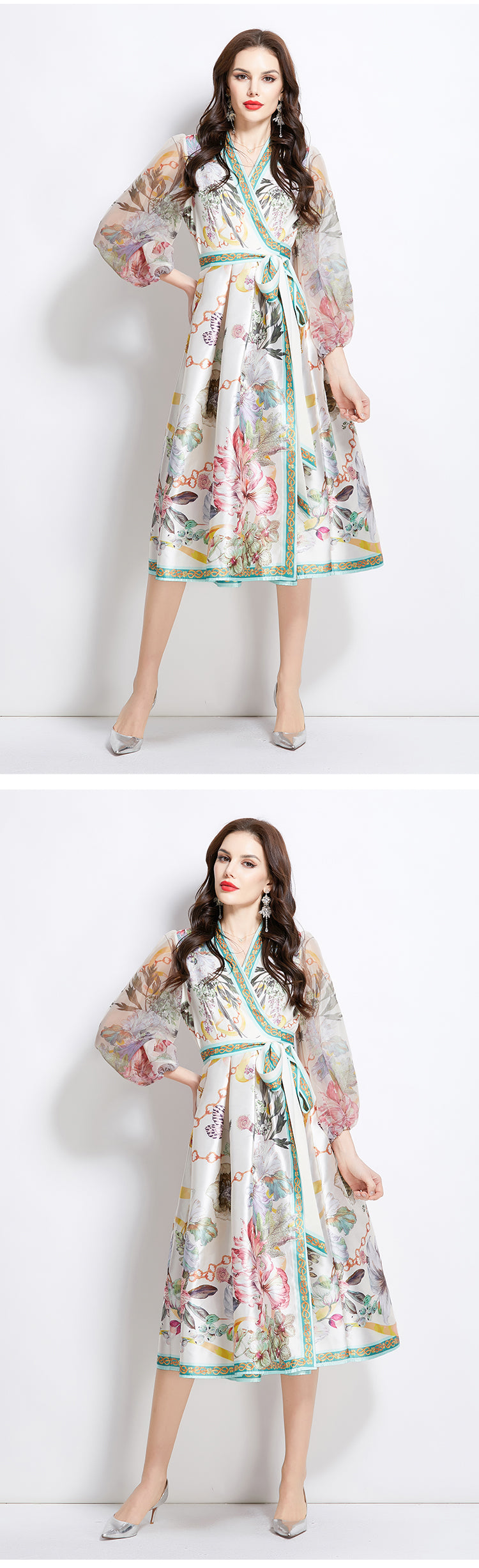 Original design for spring and summer V-neck ethnic style printed satin wrapped long length dress