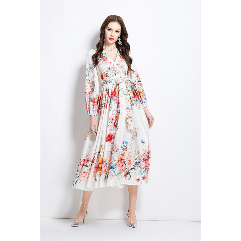 Original Design Spring/Summer Oil Painting Flower Pattern Wrapped Mid length Dress