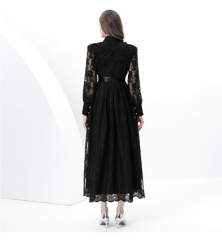 Original design: spring, summer, autumn resort, lapel, embroidered lace, balloon sleeve lace, long vintage dress