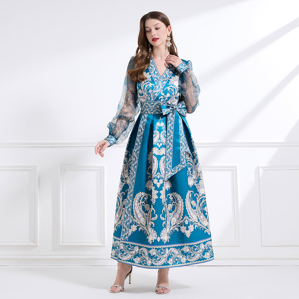 Original design - spring and summer resort style lace patchwork print waist maxi skirt ruffle dress