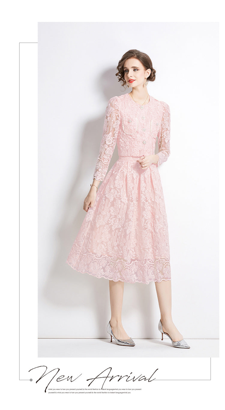 Original design for spring and summer long sleeved small fragrance style set light luxury temperament water-soluble lace skirt two-piece set