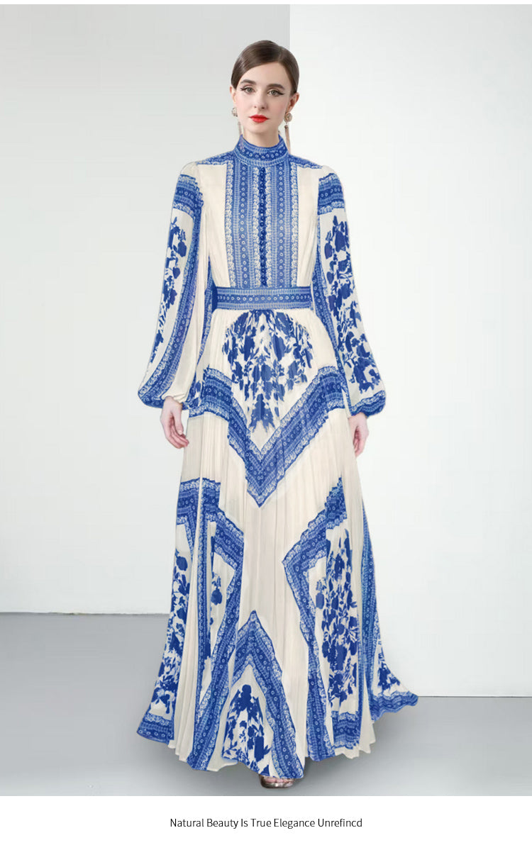 Original design for spring and summer printed evening gown, long pleated dress with large display