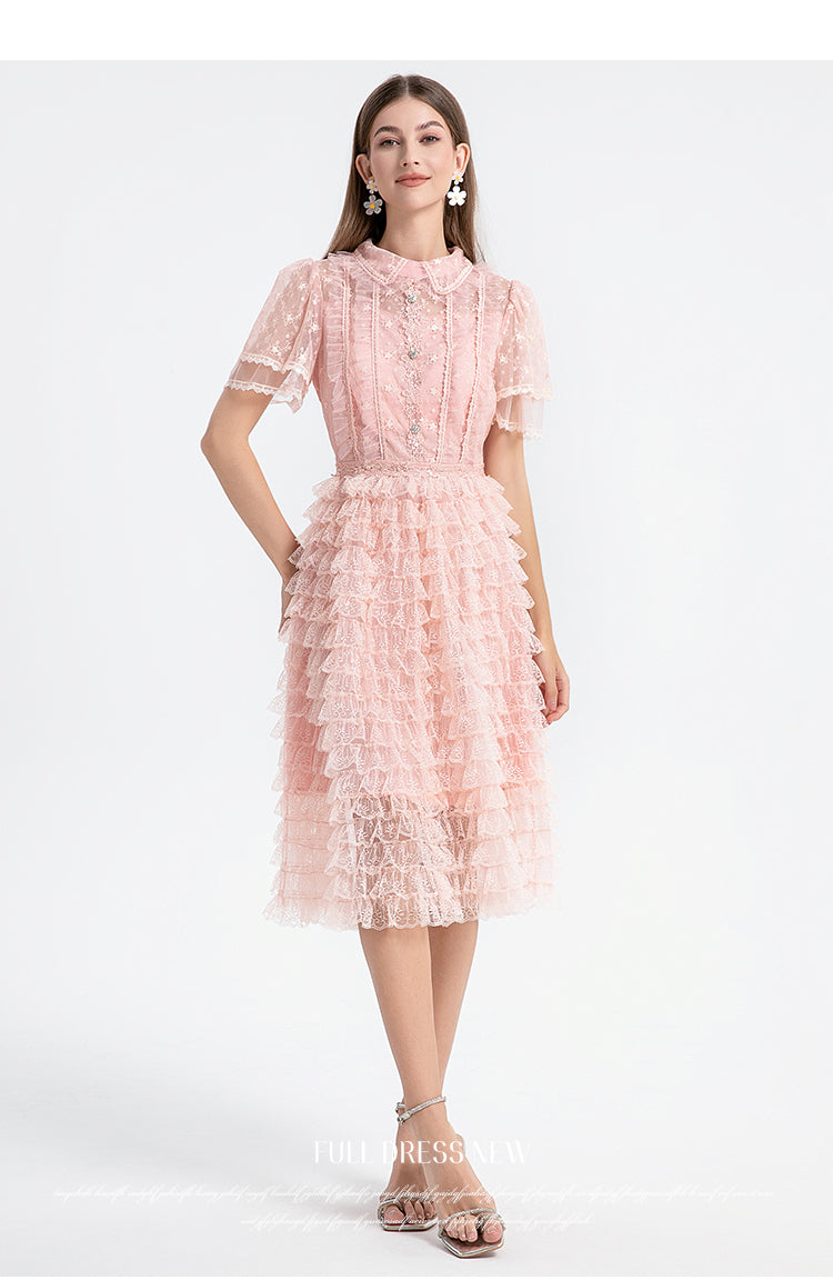 Original design short sleeved French sweet lace lace cake skirt with nail and diamond waist cinching temperament dress