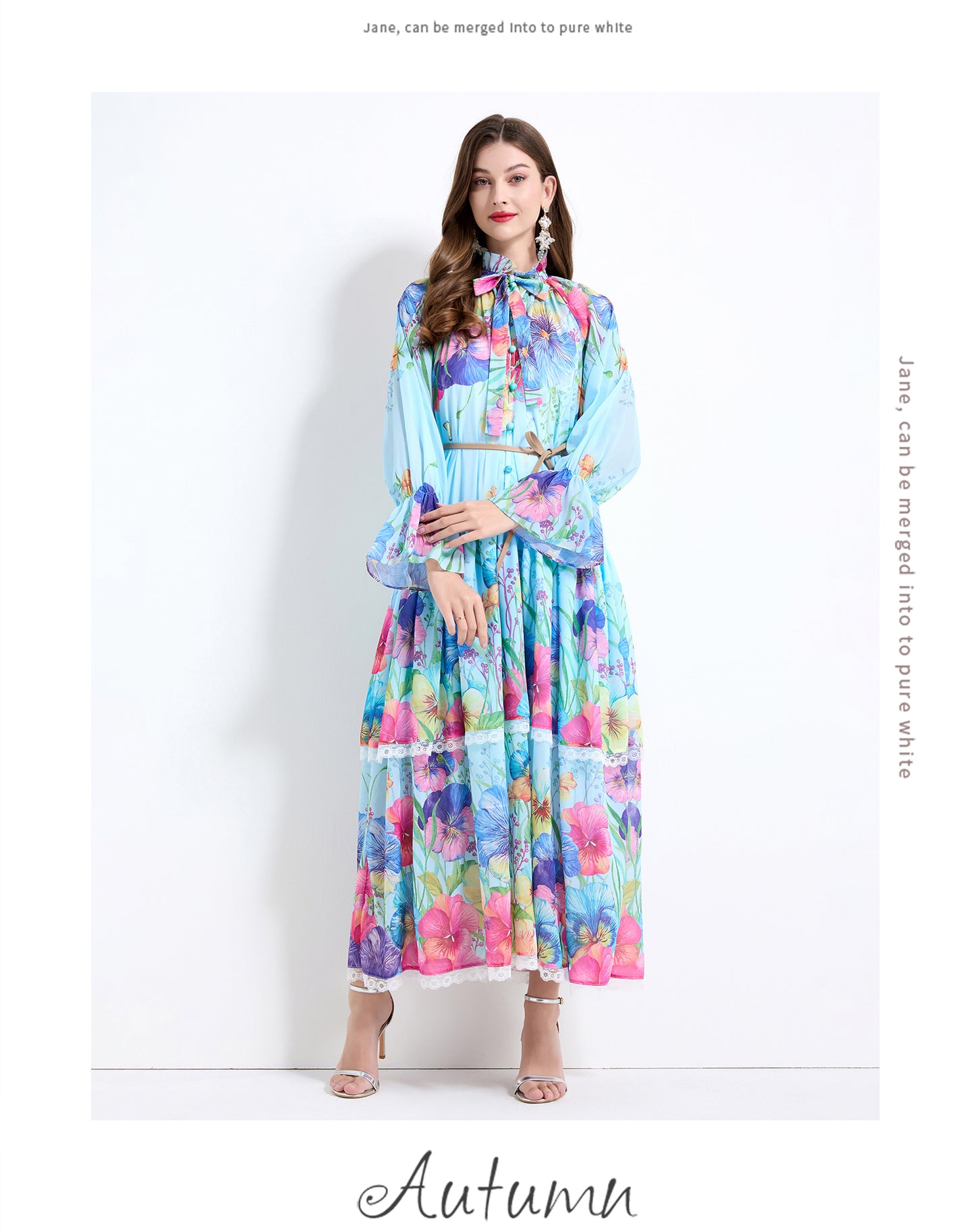 Original design - spring and summer fake lace cake skirt floral print waist ruffle skirt