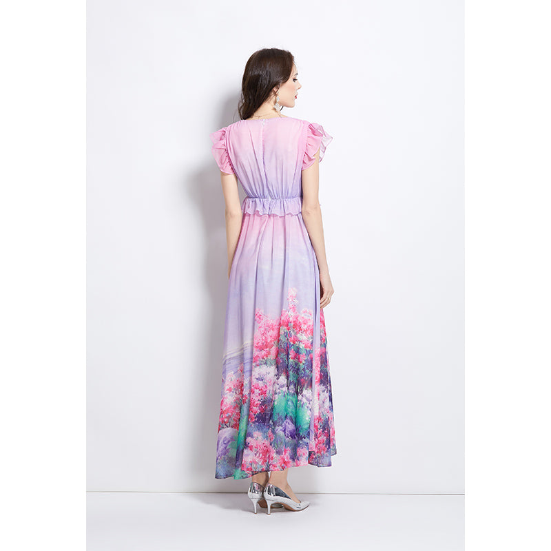 Original Design Spring/Summer Retro Flower Little Fly Sleeve Long Dress