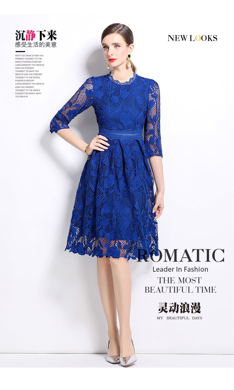 Original design mid long sleeved fashionable slimming hollow out water-soluble lace positioning mid length dress