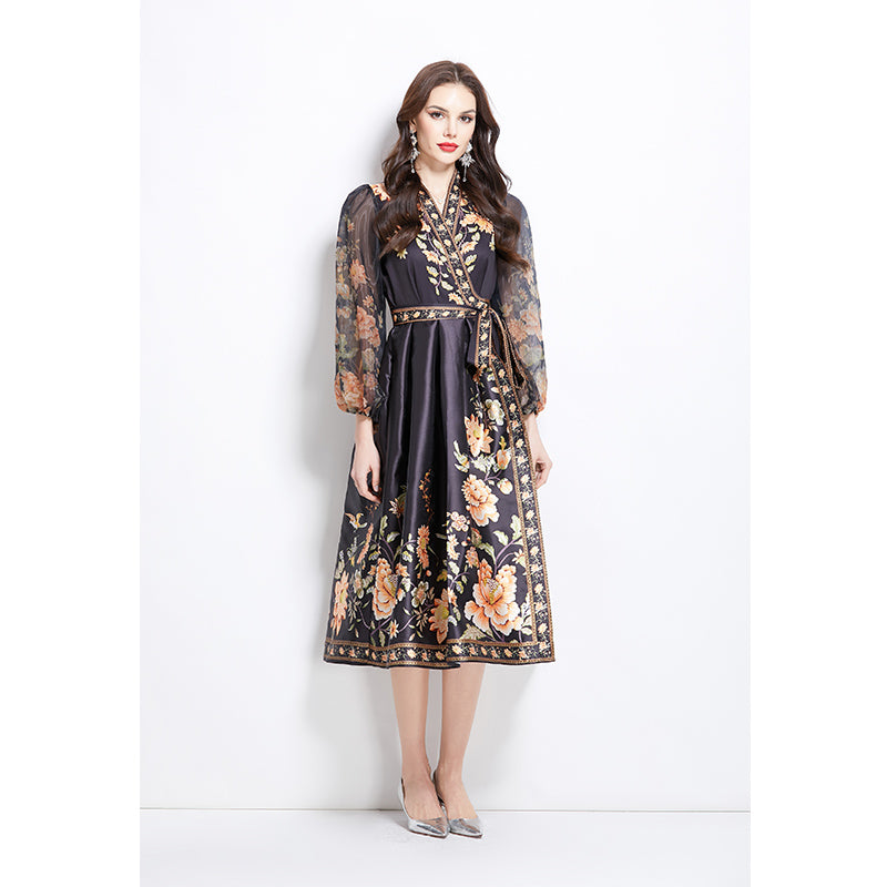 Original design for spring and summer V-neck ethnic style printed satin wrapped long length dress