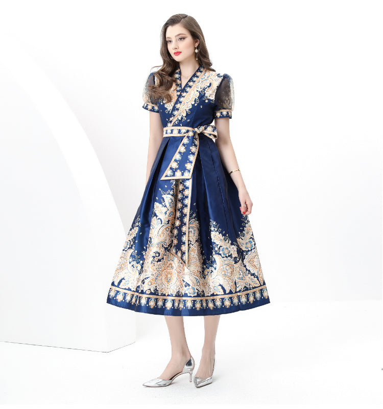 Spring/summer wrap tie style V-neck balloon sleeve long vintage print dress