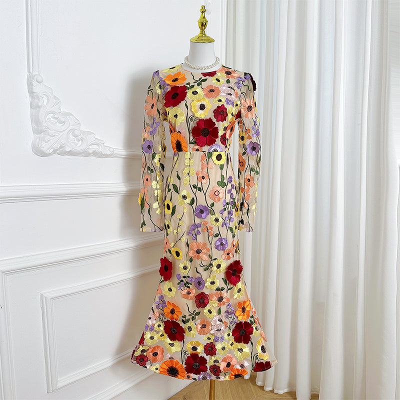 Original Design Heavy Industry Boutique Color Embroidered Handmade Three Dimensional Flower Slimming Fishtail Skirt Temperament Dress