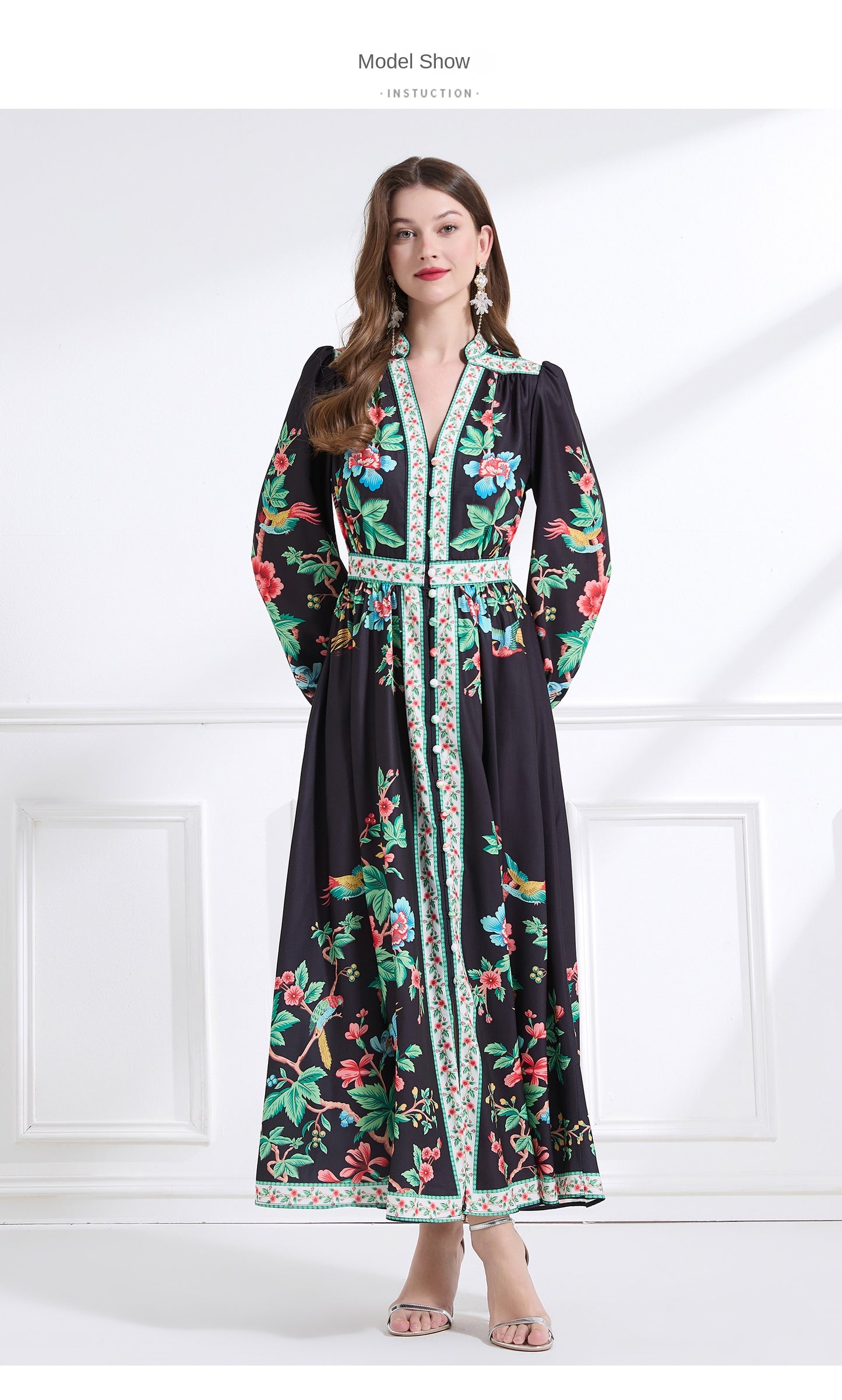Original design Spring/summer resort-style V-neck, linen, floral, printed, balloon-sleeved, waist-cinching, ruffled maxi skirt