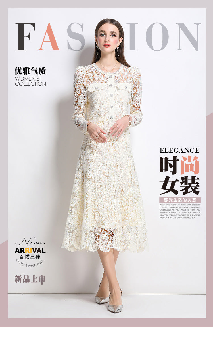 Real shot spot8583# New Style Chanel-Inspired Set Light Luxury High-End Water-Soluble Lace Skirt Two-Piece Set