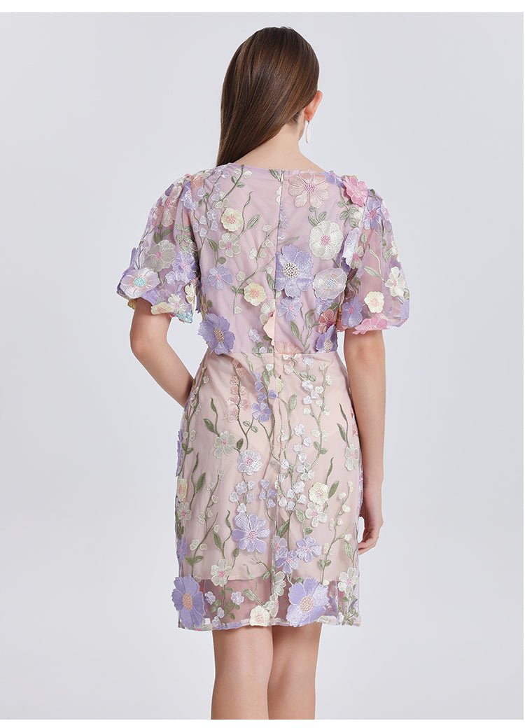 Original Design Heavy Industry Embroidery Boutique Handmade Color Customized Flower V-neck Bubble Sleeve Wrap Hip Dress