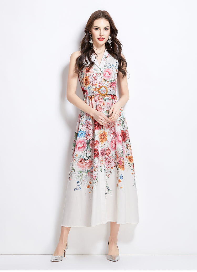 Original design for spring and summer vacation, new floral oil painting style shirt style long dress