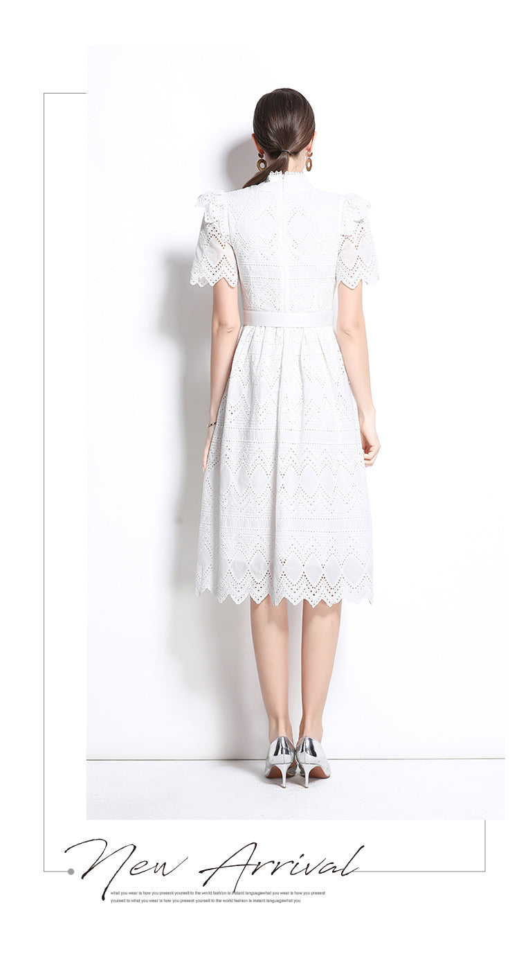 Original design elegant patchwork waist cinching short sleeved dress