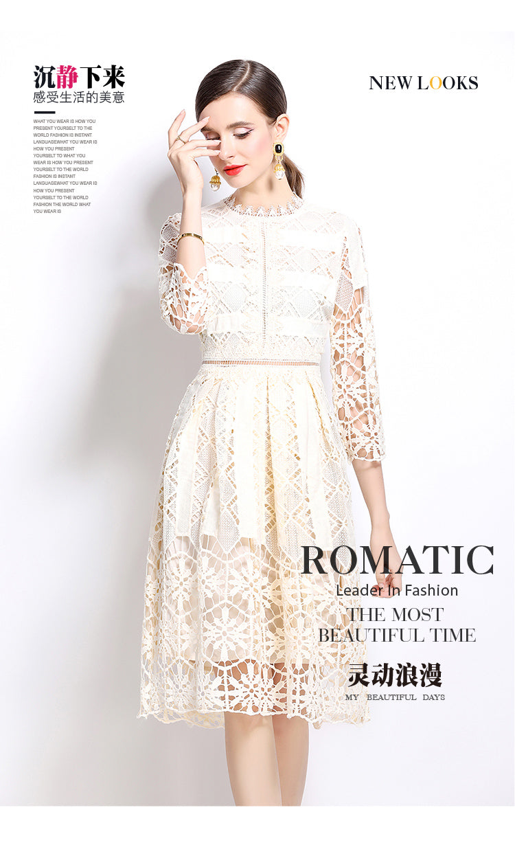 Original design mid long sleeved slimming hollow out water-soluble lace positioning printed mid length dress for spring, summer, autumn vacation