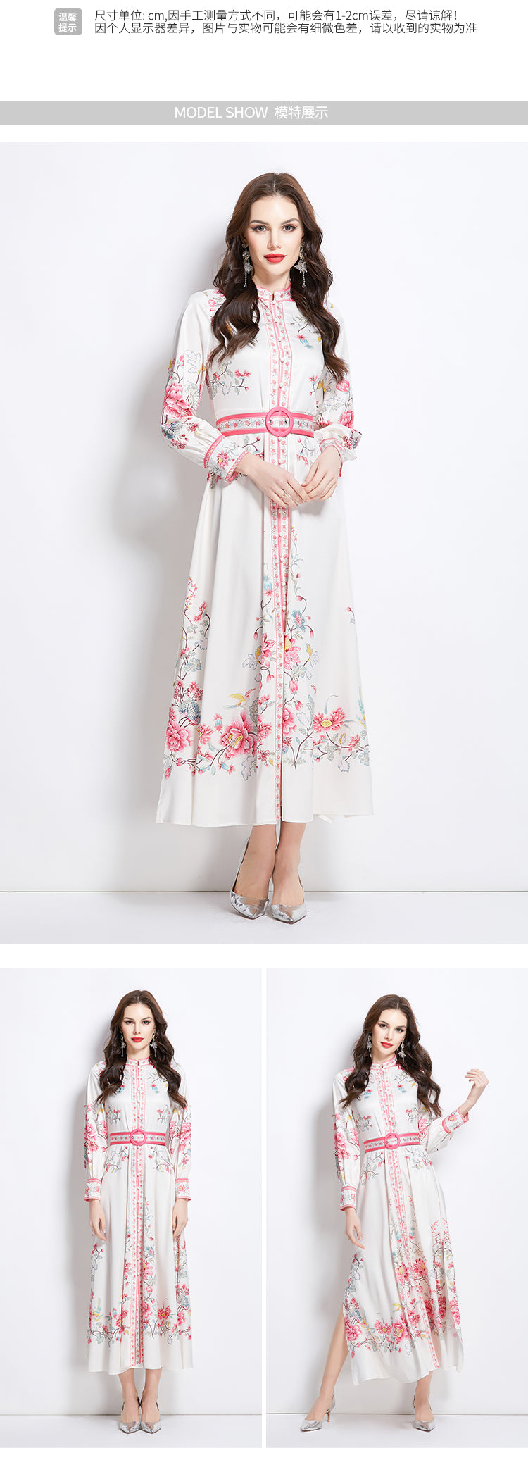 Original design mid length dress with blue and white porcelain pattern standing collar for spring, summer, autumn vacation