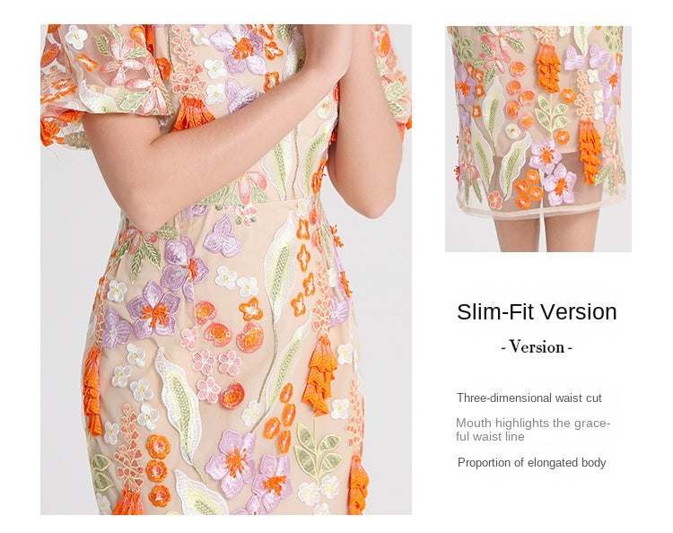 Original Design Handmade Three Dimensional Wheat Sprout Embroidered French Style Dress